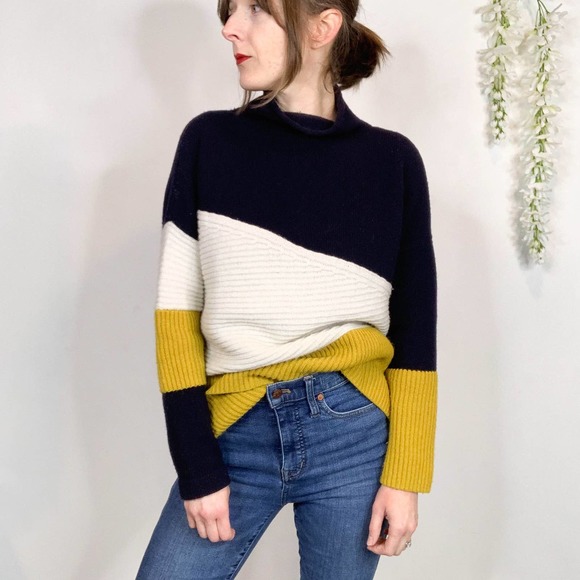 French Connection Sweaters - FRENCH CONNECTION color blocked mock neck sweater navy ivory yellow